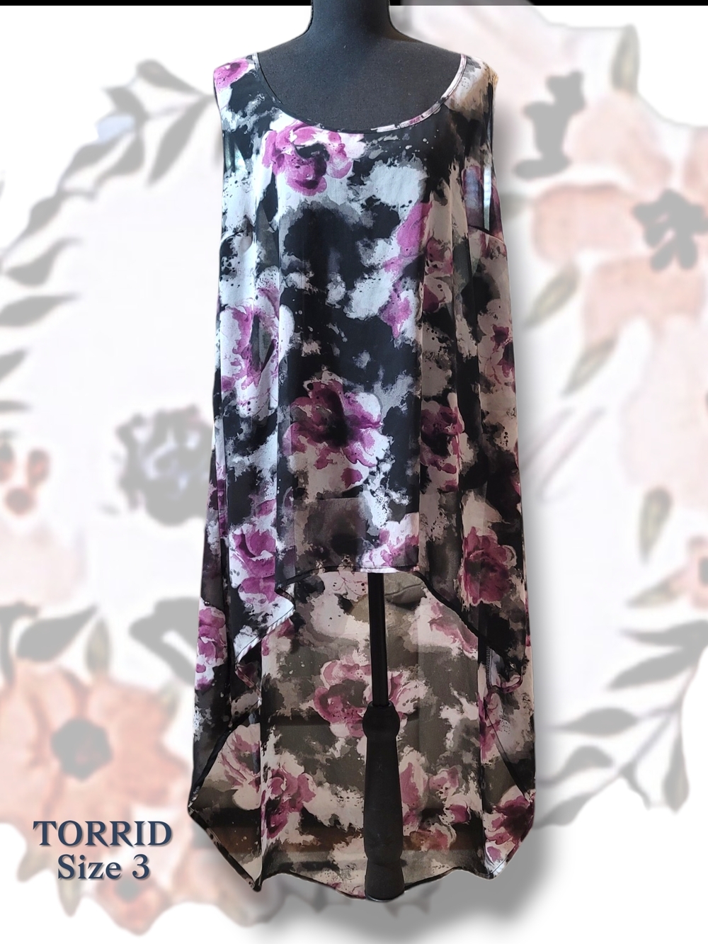 Torrid Sheer Floral Print Cold-Shoulder High-Low Tunic Top Size 3 - Picture 2 of 6